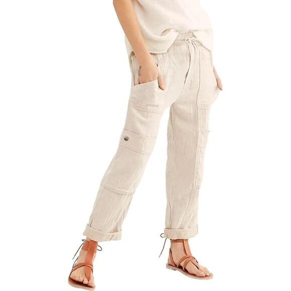 Free People Feelin Good Utility Pull On Pants In Beige Khaki Tan Size L *FLAWED* - Picture 1 of 9